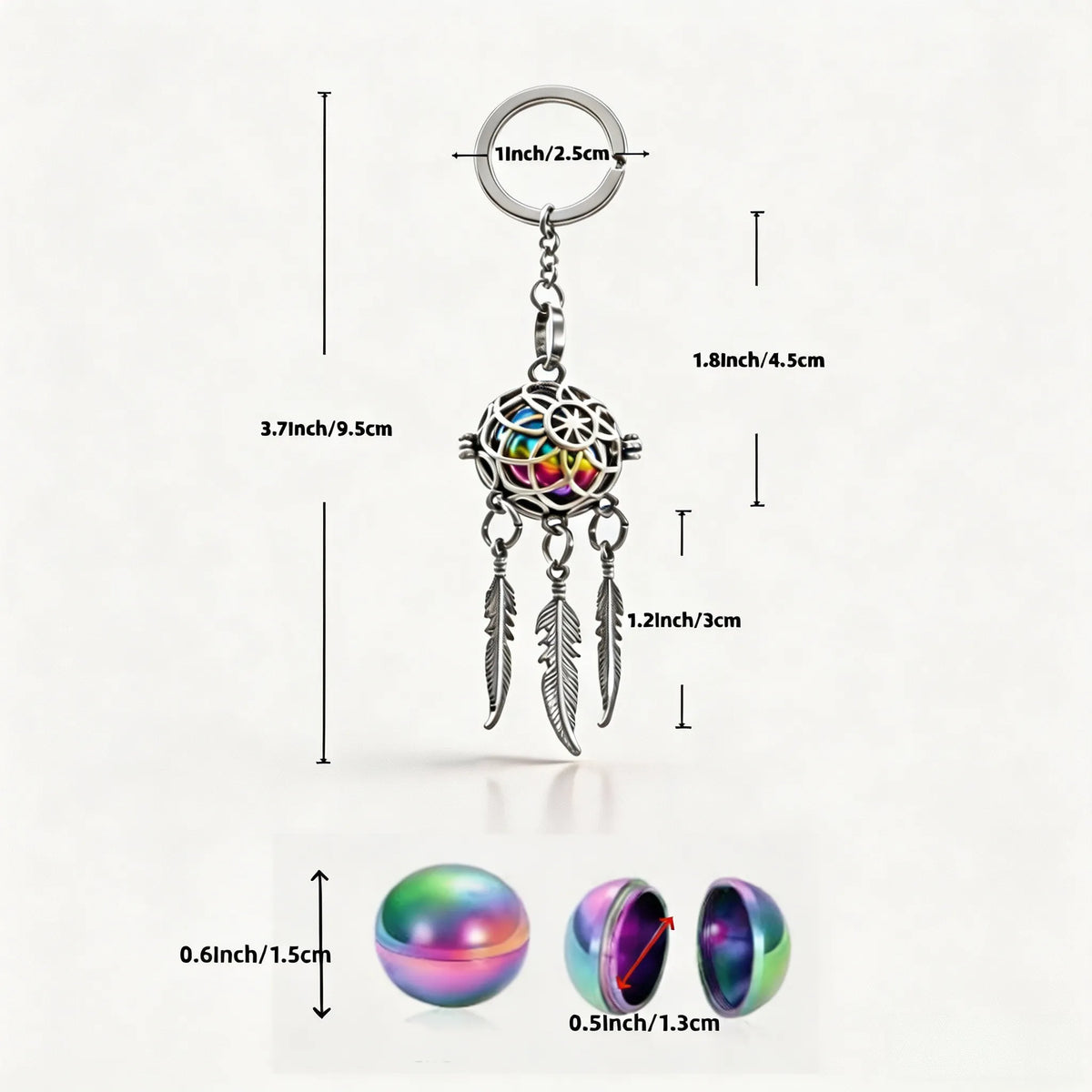 Pet memorial dreamcatcher keychain showing product dimensions and iridescent decorative details