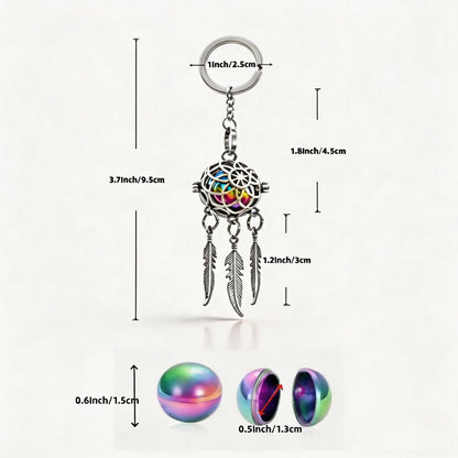 Pet memorial dreamcatcher keychain showing product dimensions and iridescent decorative details