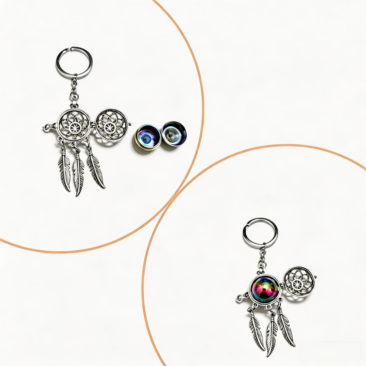 Pet keepsake dreamcatcher keychain showing the front design and colorful iridescent accent details