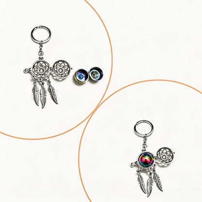 Pet keepsake dreamcatcher keychain showing the front design and colorful iridescent accent details