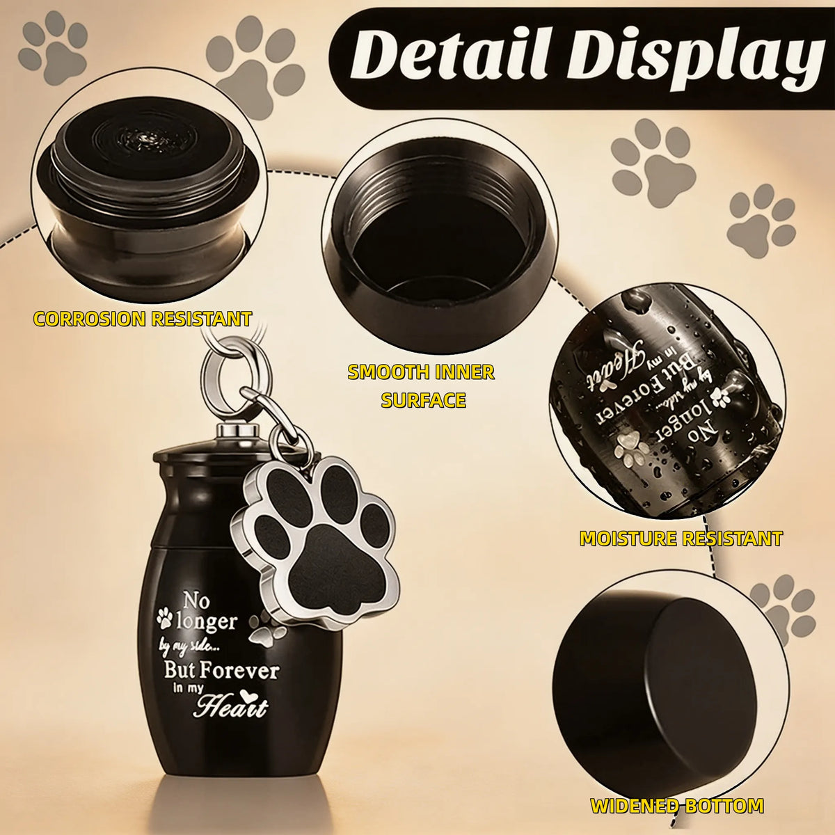 Close-up detail of pet keepsake keychain showing screw-top capsule and paw print charm