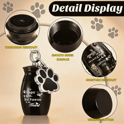 Close-up detail of pet keepsake keychain showing screw-top capsule and paw print charm