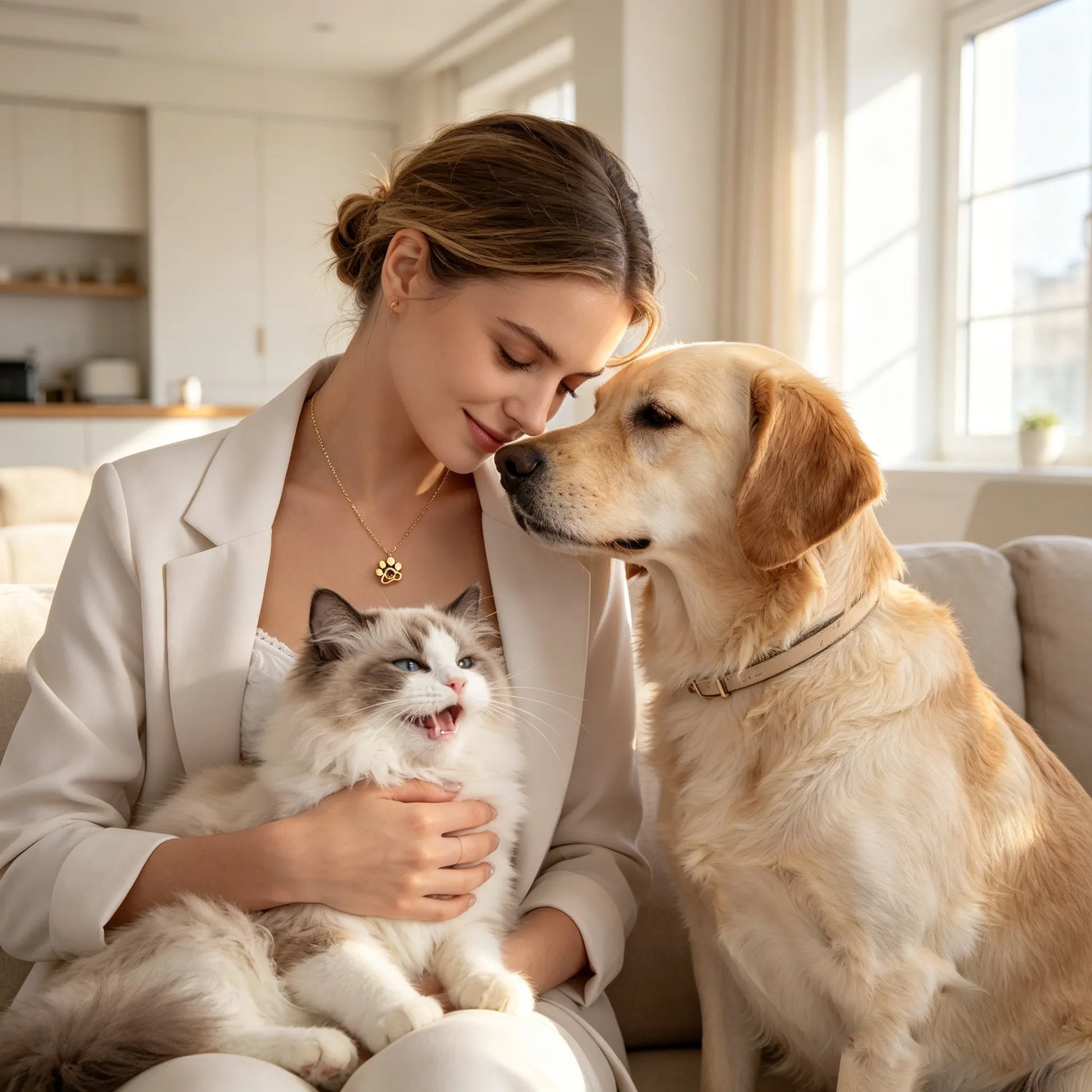 A pet lover wearing a personalized paw print projection necklace while spending quality time with beloved dogs and cats at home.