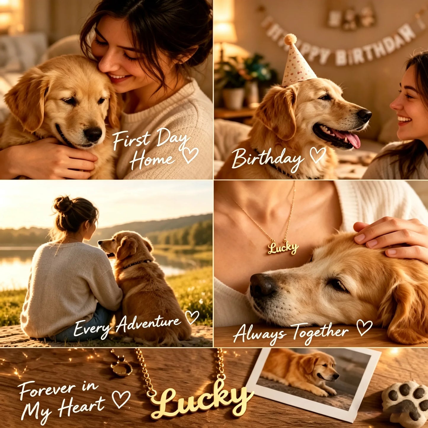 A personalized pet name necklace celebrating every chapter of a pet's life—from the first day home to birthdays, adventures, everyday moments, and forever memories.