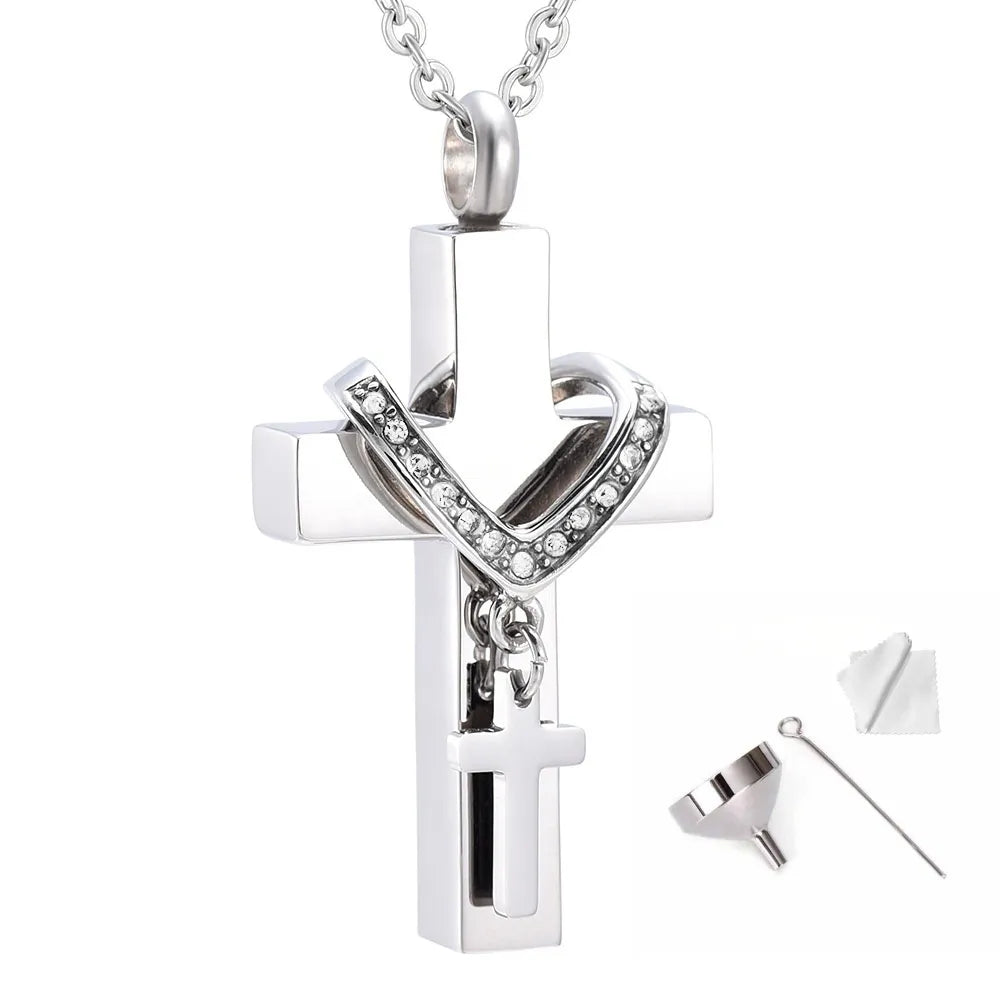 Pet memorial cross urn necklace with filling funnel, mixing stick and polishing cloth