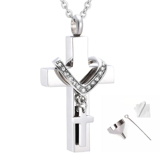 Pet memorial cross urn necklace with filling funnel, mixing stick and polishing cloth