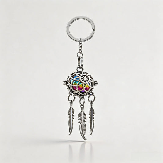 Silver pet memorial dreamcatcher keychain with feather charms on a white background