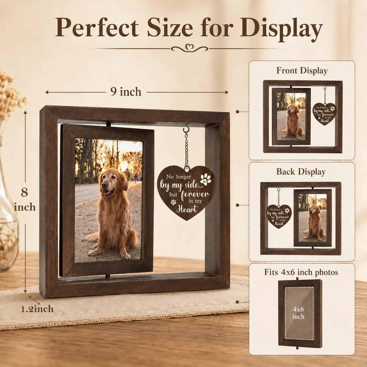 Wooden pet remembrance frame size guide fitting 4x6 inch photos