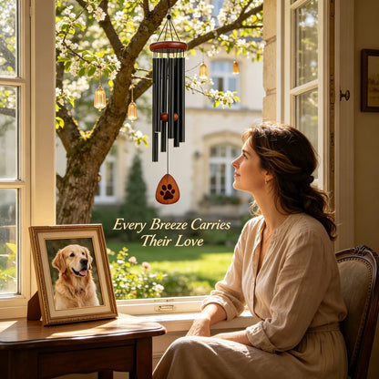 The mistress gazes wistfully out the window at the memorial wind chime hanging from the tree, while a pet memorial photo frame sits on the table nearby.