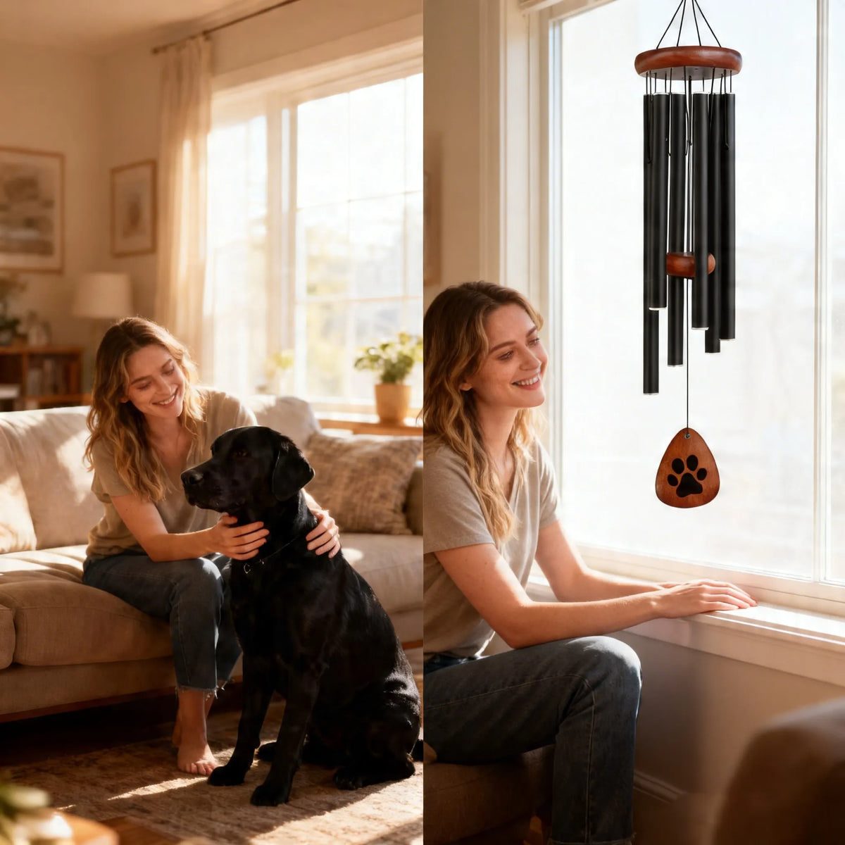 A pet memorial wind chime displayed indoors as a peaceful keepsake decoration.