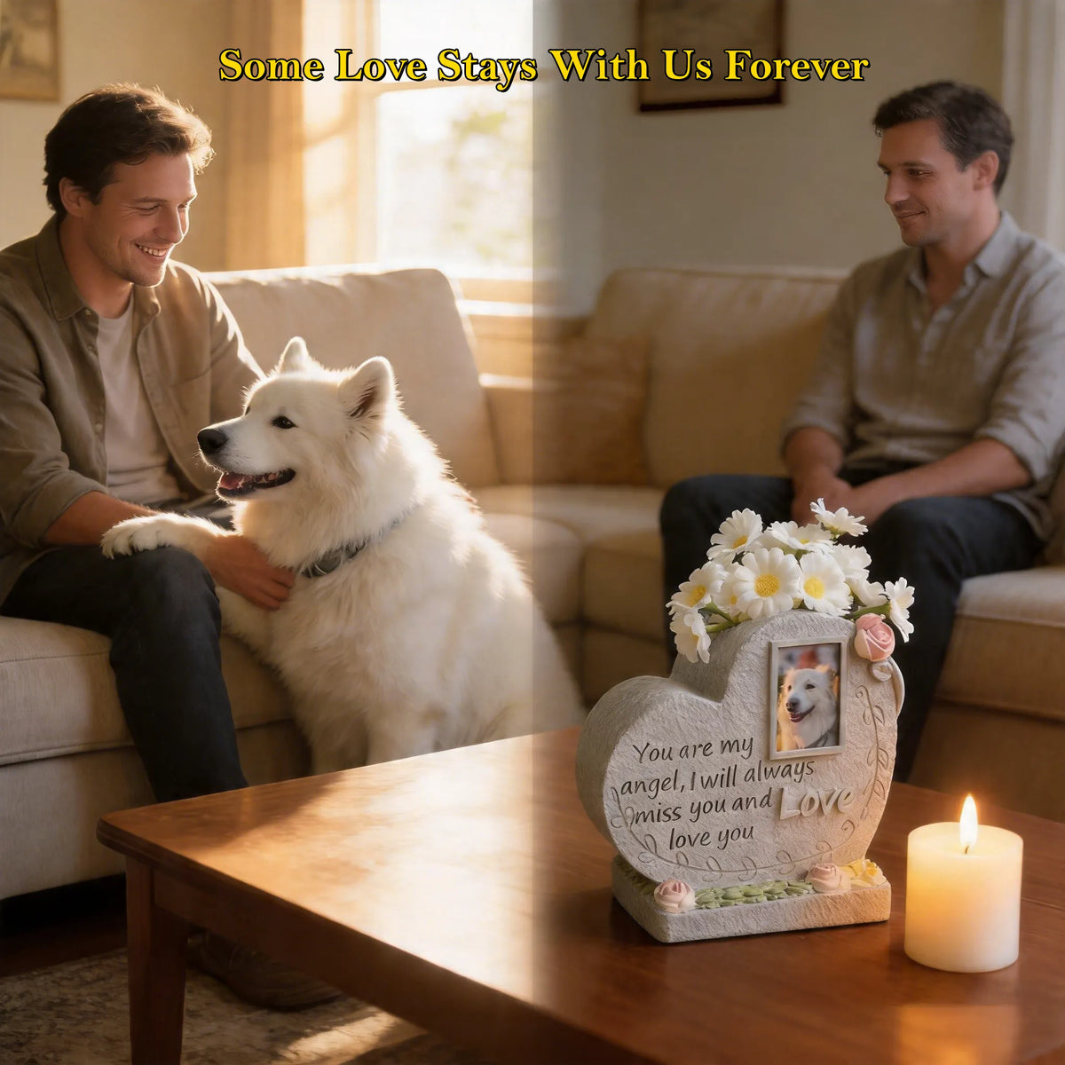 Pet memorial keepsake displayed beside a family dog VS a lasting memory tribute