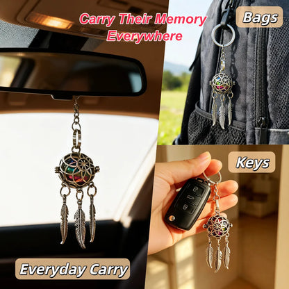 Pet memorial dreamcatcher keychain shown attached to a car mirror, bag, and keys for everyday carry