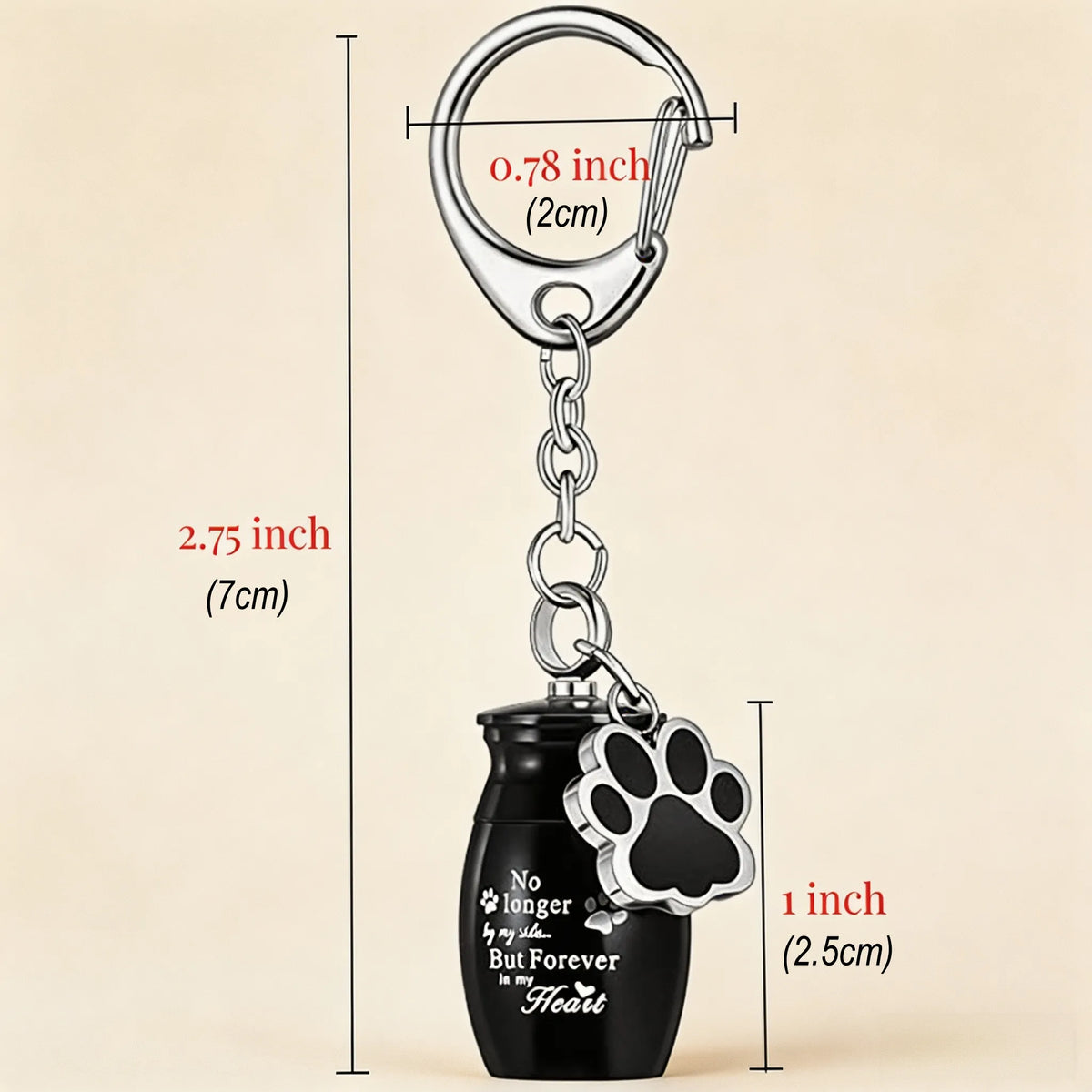 Pet memorial keychain showing the overall length and key ring dimensions
