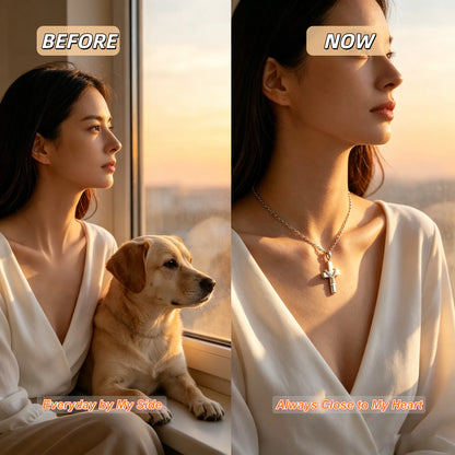 Woman wearing a pet memorial cross necklace close to her heart