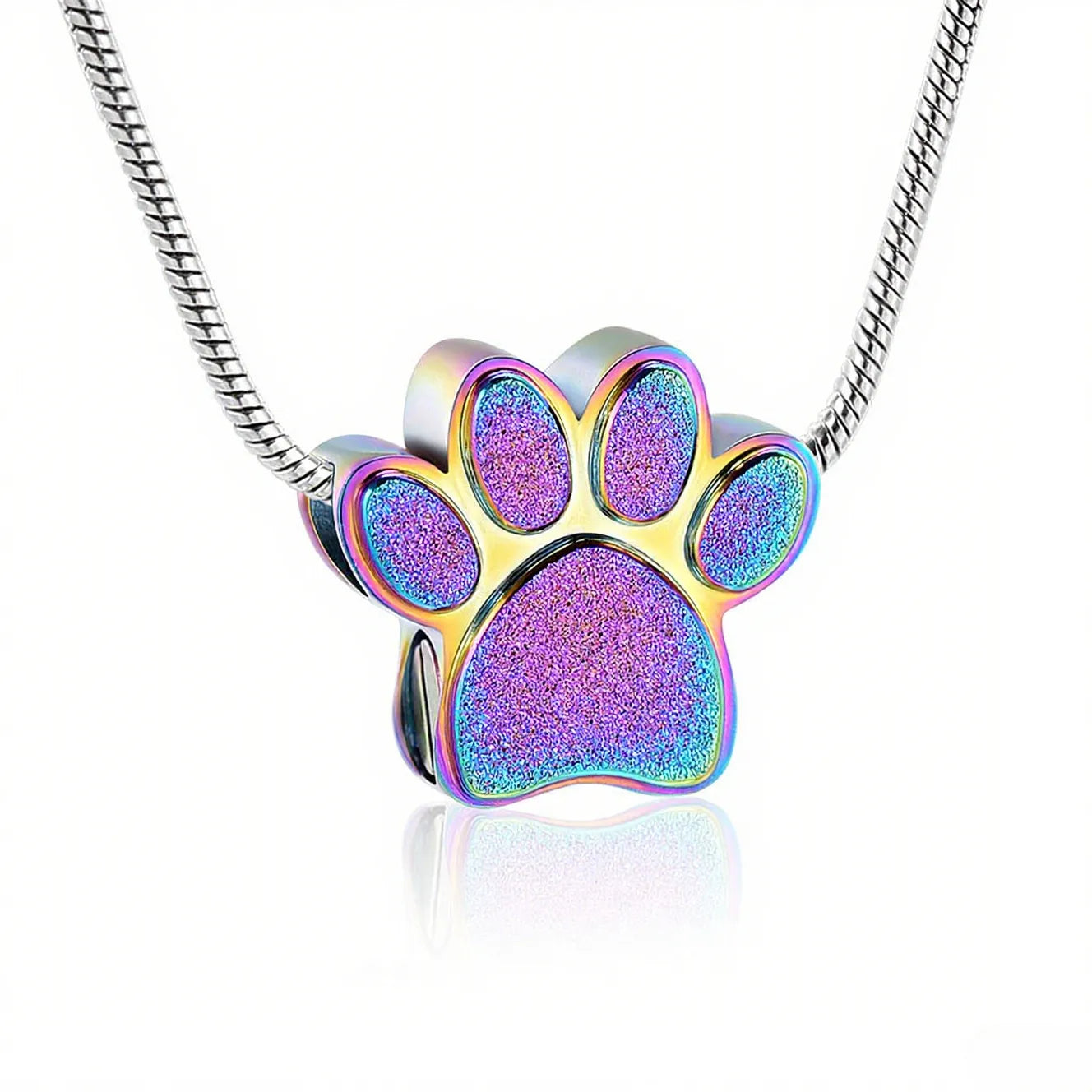 Pet memorial paw urn necklace with rainbow finish for holding ashes or keepsakes.