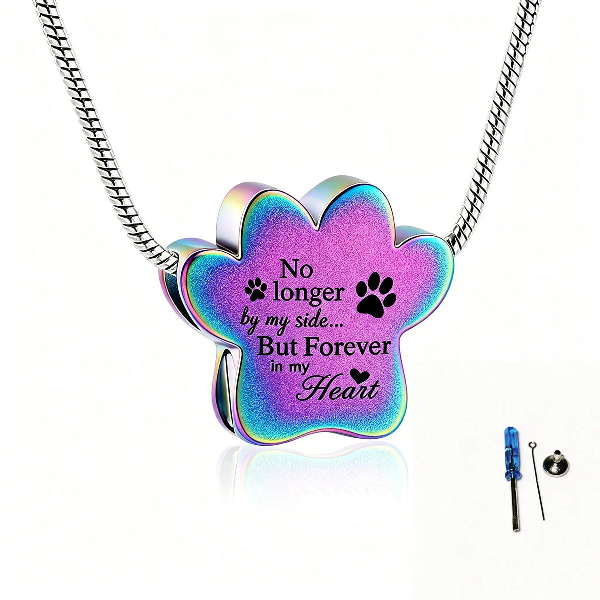 Pet memorial paw urn necklace with rainbow finish for holding ashes or keepsakes.