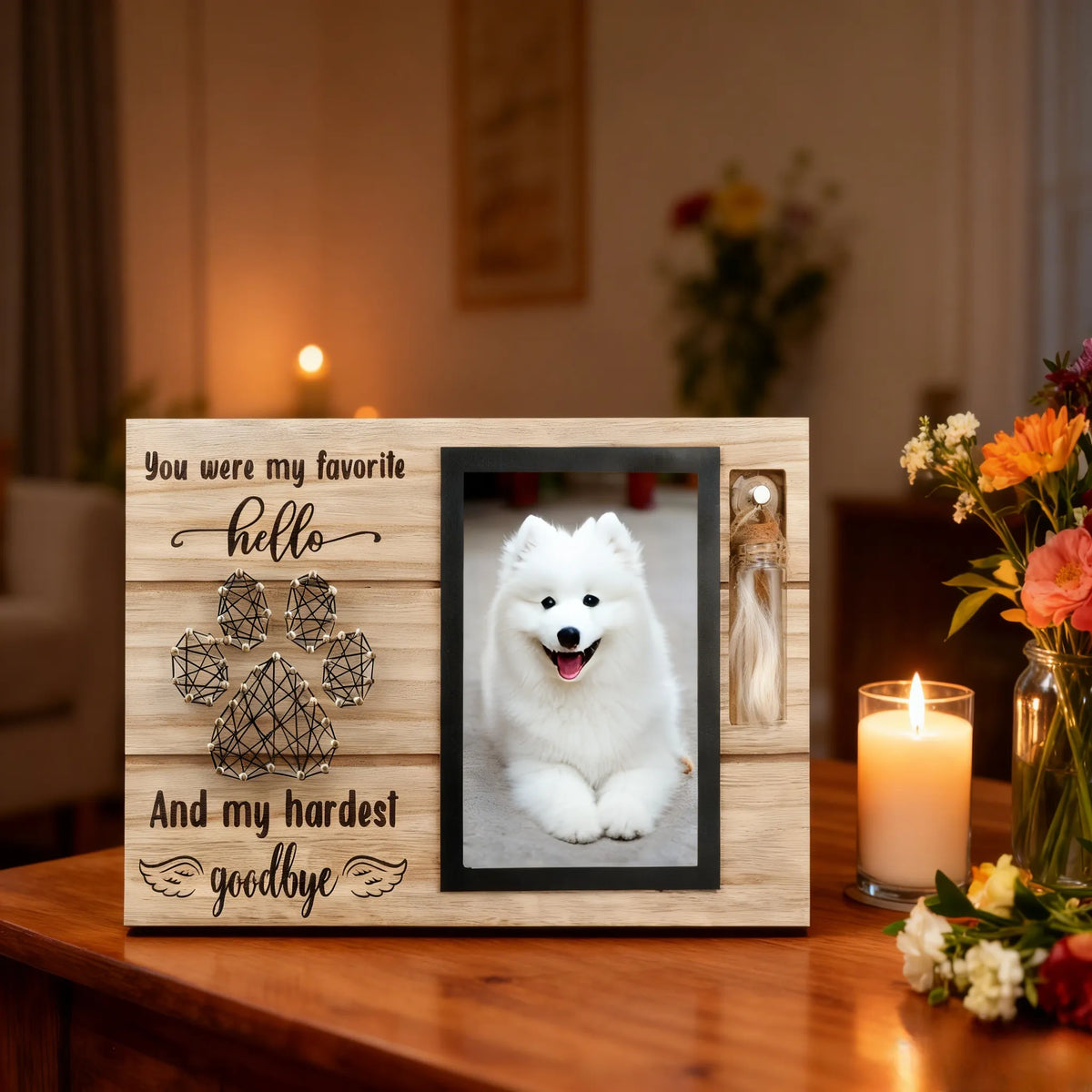 Pet memorial photo frame displaying a beloved dog photo in a warm home remembrance setting