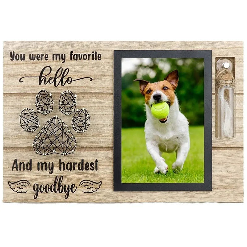 Pet memorial photo frame featuring the message “You Were My Favorite Hello, My Hardest Goodbye” and a cherished pet photo