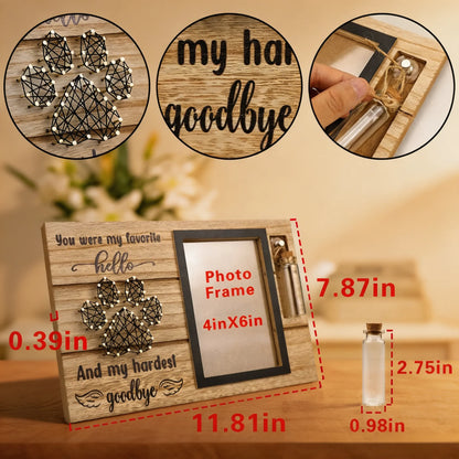 Pet memorial photo frame with 4 x 6 inch photo opening and product dimensions