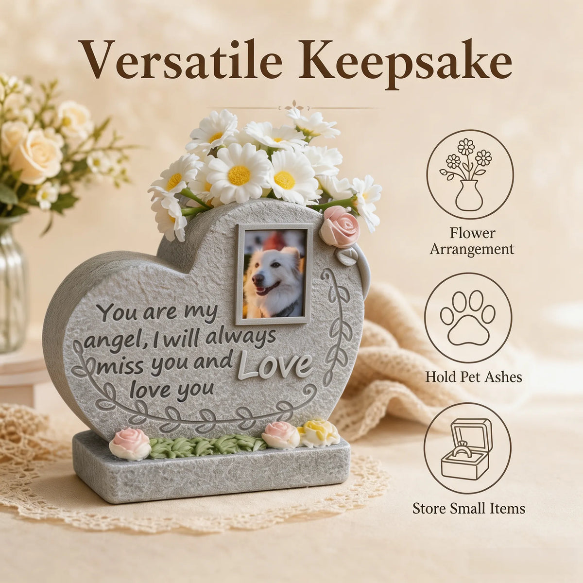 Versatile pet memorial keepsake for displaying a photo, flowers, or small keepsakes