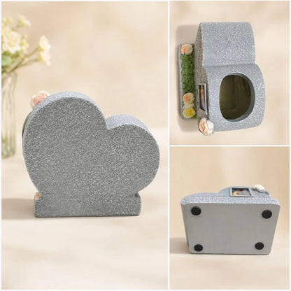Back and bottom view of hollow pet memorial planter with photo display opening