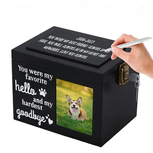 Pet memorial urn box with photo frame, black wooden keepsake urn for dog and cat ashes.