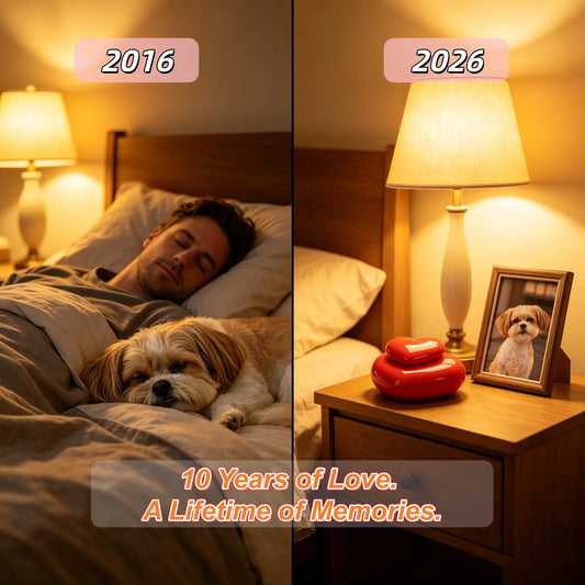 Heart-shaped pet memorial urn displayed beside a framed pet photo