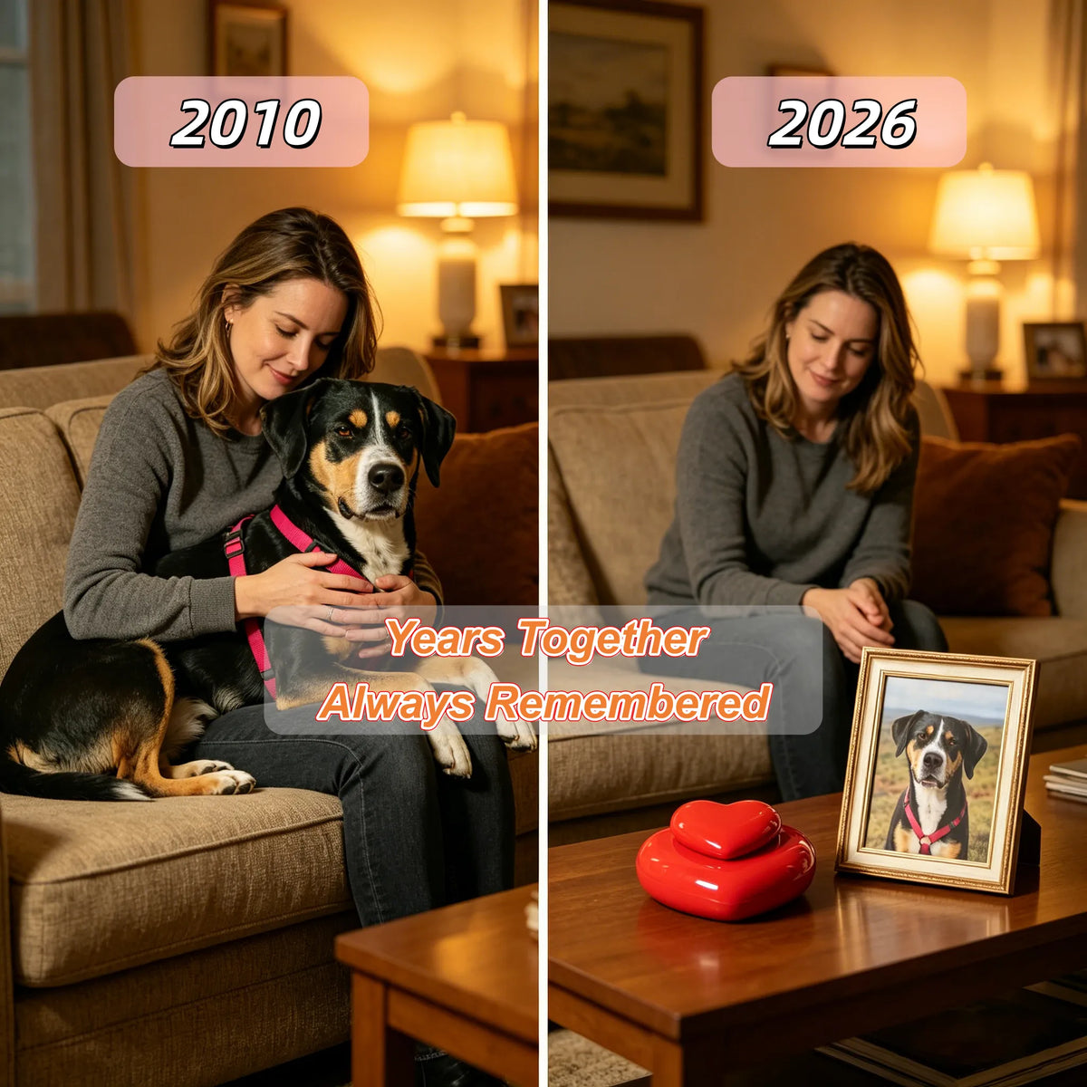 Heart-shaped pet memorial urn displayed beside a cherished pet photo