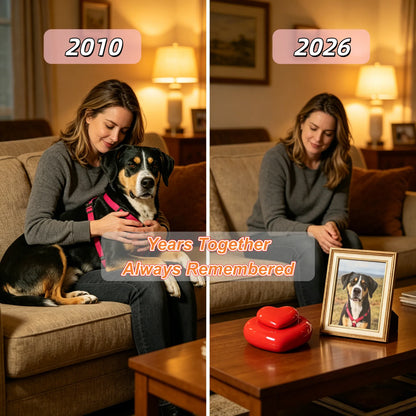 Heart-shaped pet memorial urn displayed beside a cherished pet photo