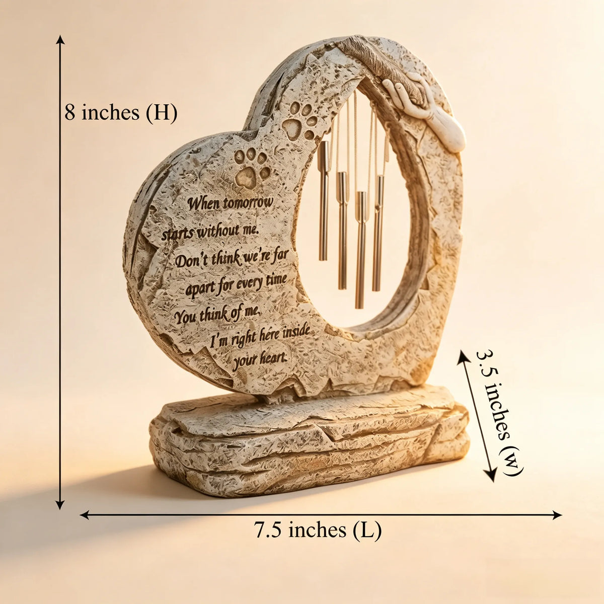Pet memorial wind chime showing 8-inch height and 7.5-inch width dimensions