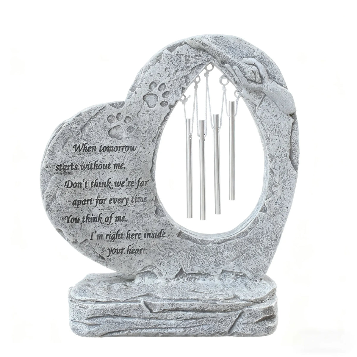 Engraved pet memorial wind chime with remembrance quote and stone-look design