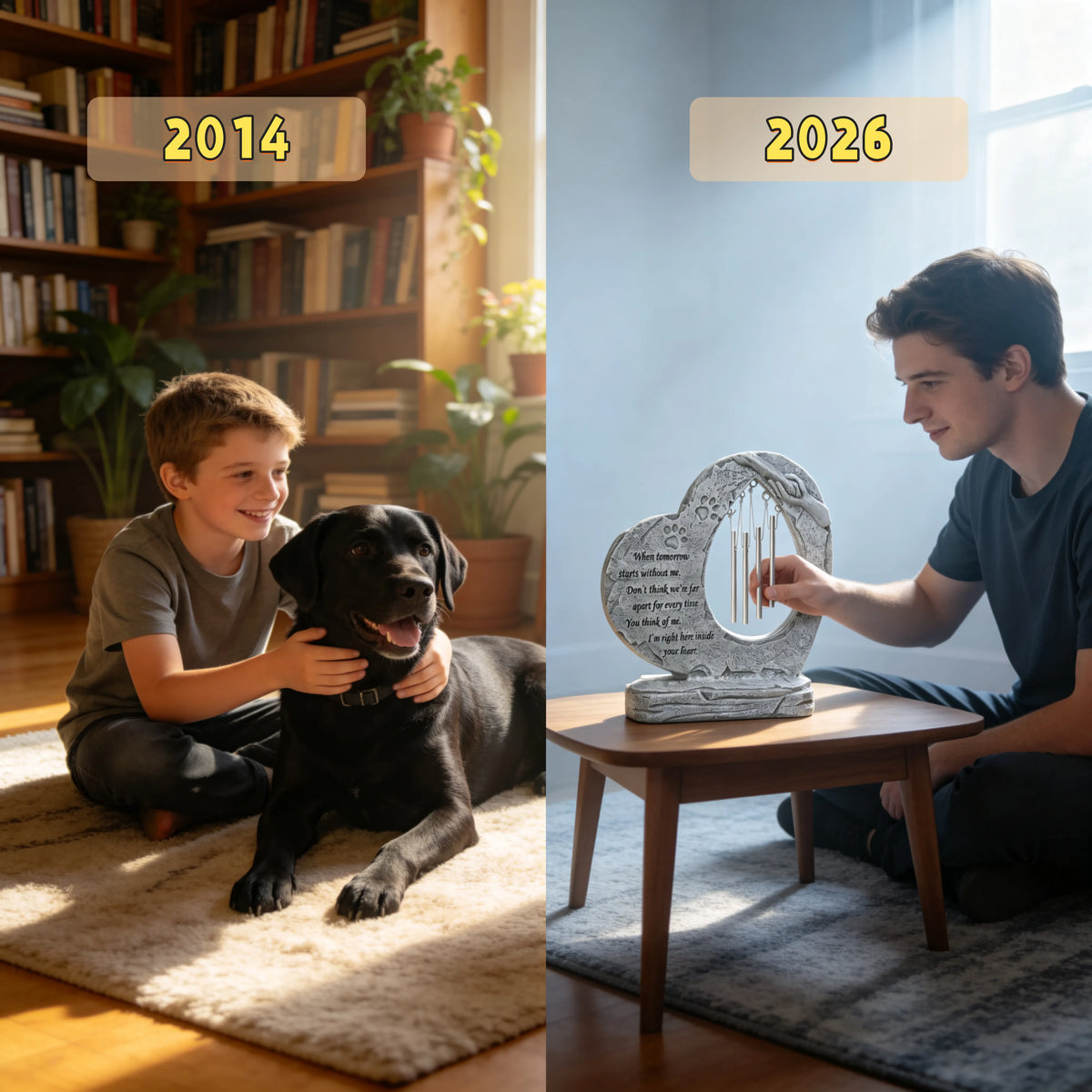 A dog staying by its owner's side VS The pet transforms into a memorial wind chime, continuing to stay by owner's side.