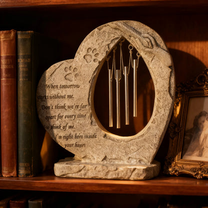 Engraved pet memorial wind chime displayed on a home bookshelf