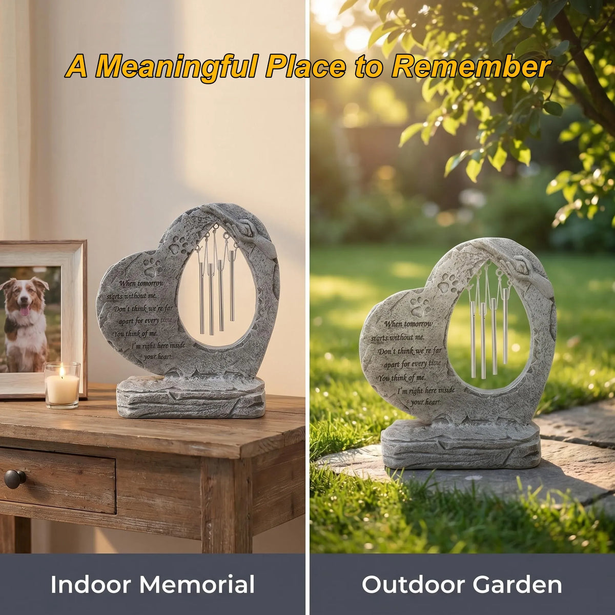 Pet memorial wind chime displayed indoors and outdoors as a remembrance keepsake