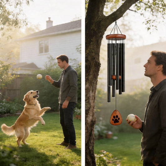 On the left, the owner is happily playing with his Golden Retriever; on the right, the same owner gazes longingly at a memorial wind chime hanging from a tree—the Golden Retriever is gone.