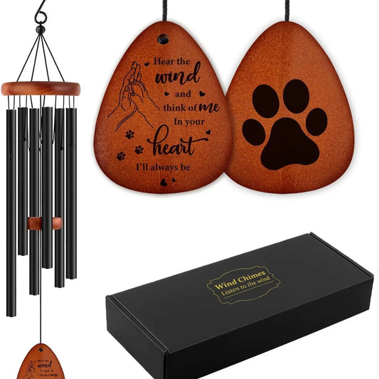 A pet memorial wind chime featuring a heart-shaped paw print pendant, aluminum tubes, and elegant gift packaging for remembering beloved pets.