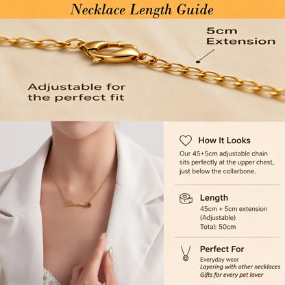 Adjustable 45+5 cm chain length guide showing how the personalized pet keepsake necklace fits comfortably for everyday wear.