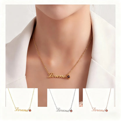 Available in gold, silver, and rose gold finishes, this personalized pet name projection necklace matches every personal style.