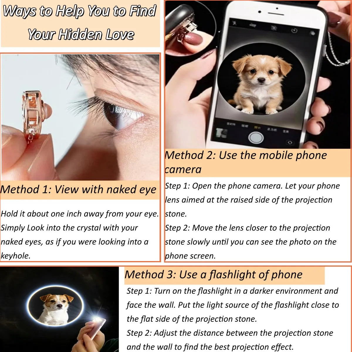 Easy guide showing three ways to reveal the hidden photo inside your custom pet projection necklace using light, your phone, or direct viewing.