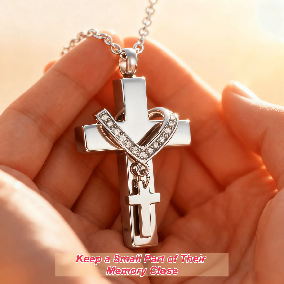 Close-up of pet memorial cross urn necklace held in hand