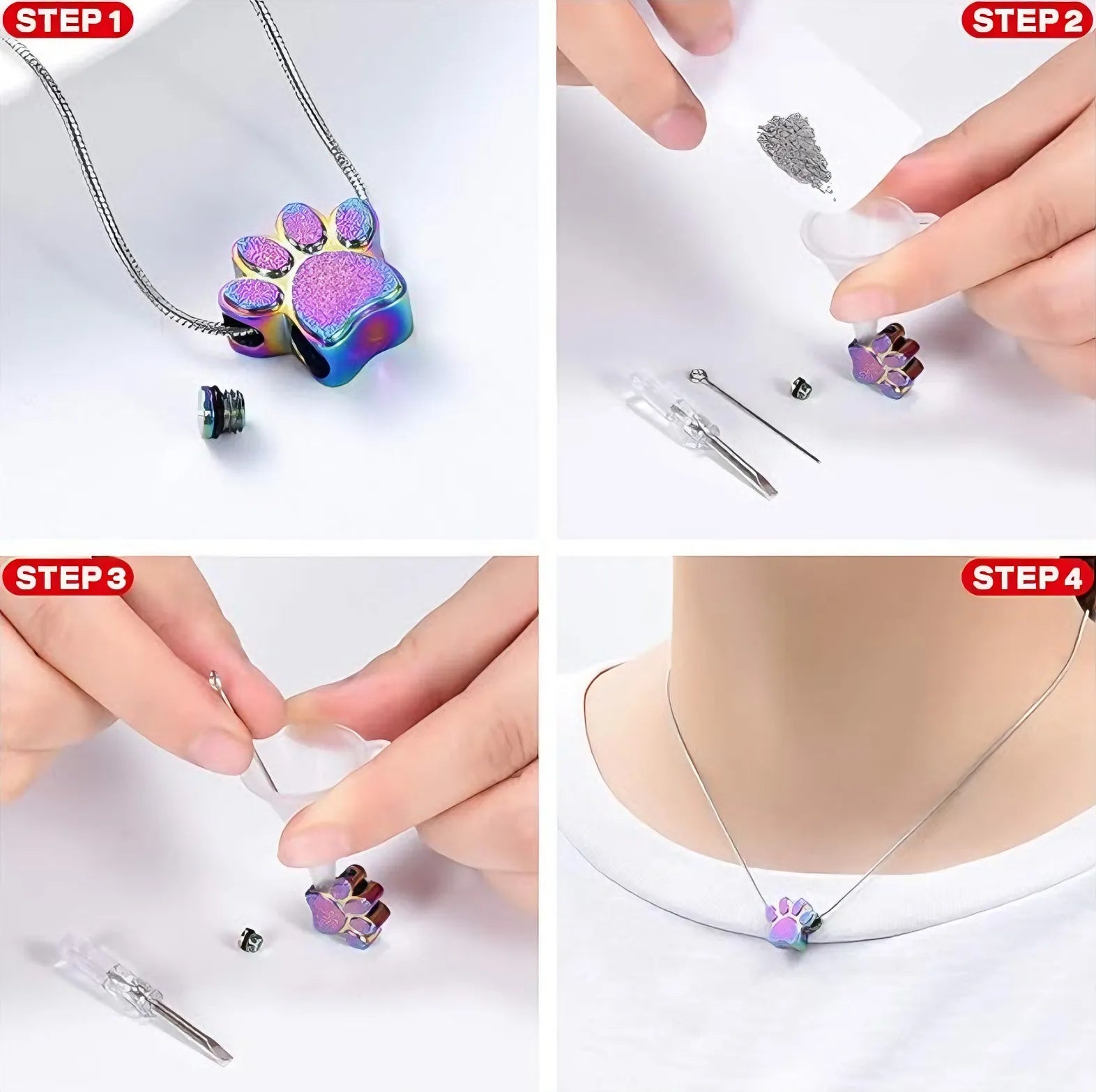 Step by step guide showing how to fill the pet urn necklace with ashes or keepsakes.