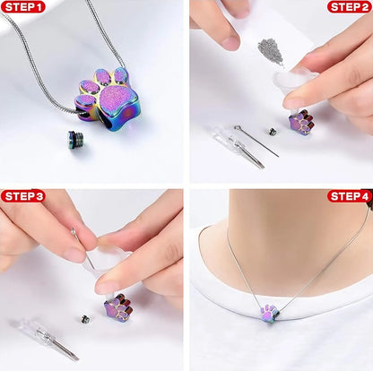 Step by step guide showing how to fill the pet urn necklace with ashes or keepsakes.