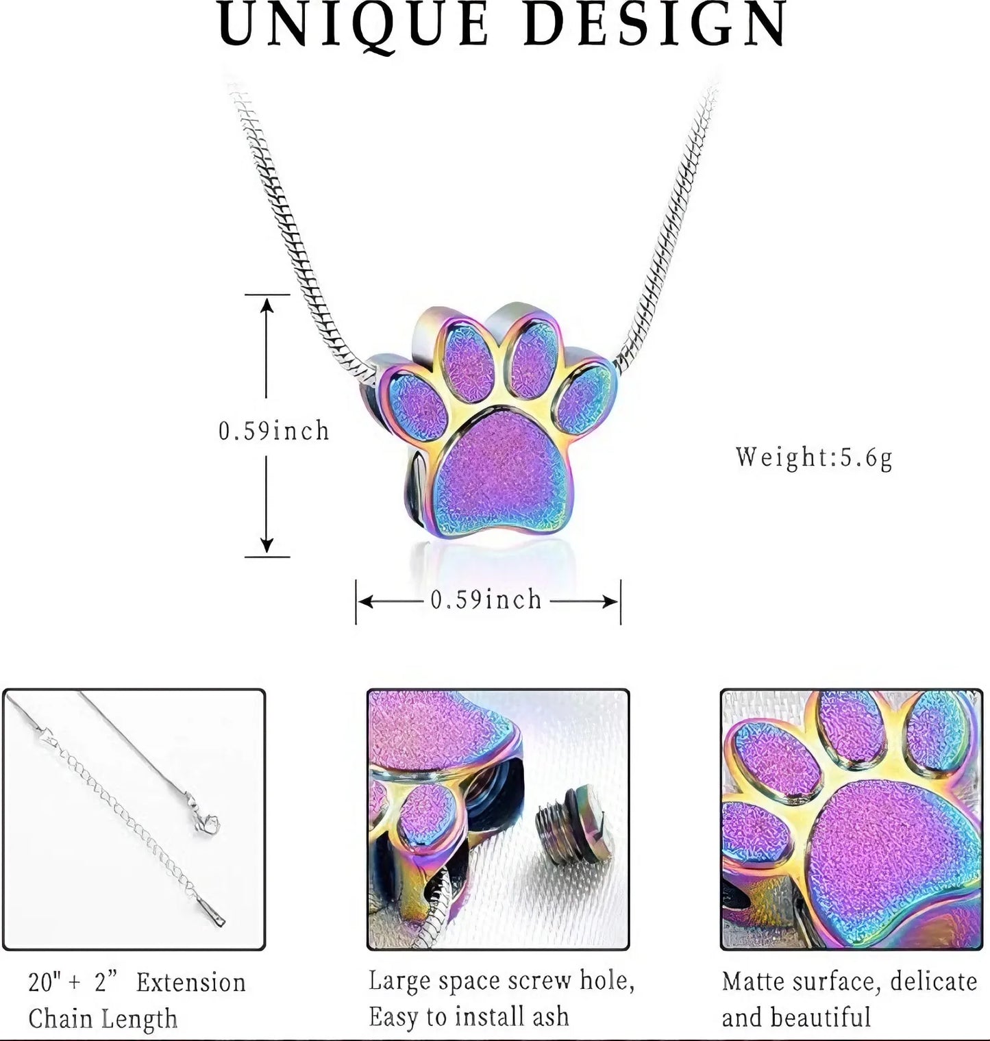 Size and dimensions of the pet memorial paw print urn necklace.