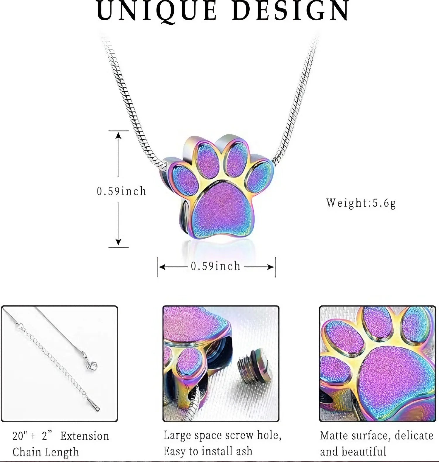 Size and dimensions of the pet memorial paw print urn necklace.
