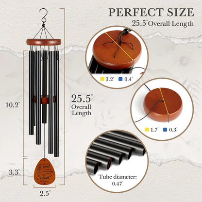 Detailed size information showing the overall length, pendant size, and tube diameter of the pet memorial wind chime.