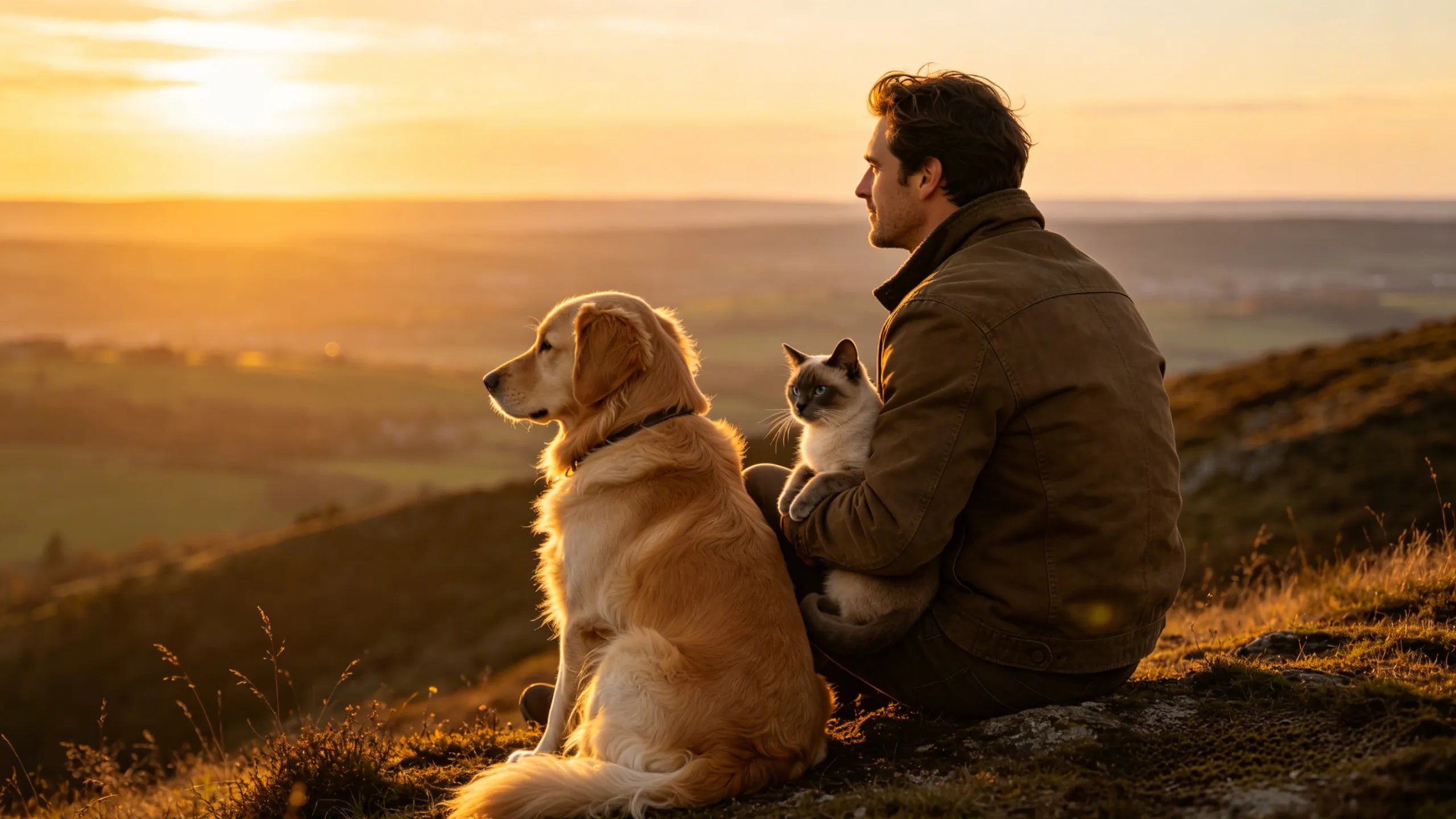 At sunset, a Golden Retriever and its male owner sat quietly together on a peaceful hillside, the man cradling a Burmese cat in his arms; man, dog, and cat gazed out at the distant horizon.