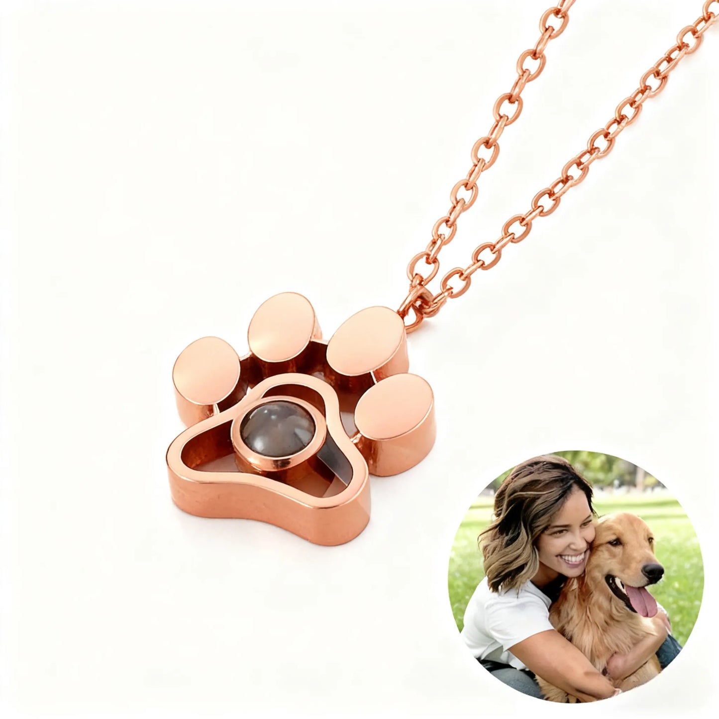 Rose gold personalized paw print projection necklace customized with your favorite pet photo, crafted as a meaningful keepsake for every stage of your pet's life.