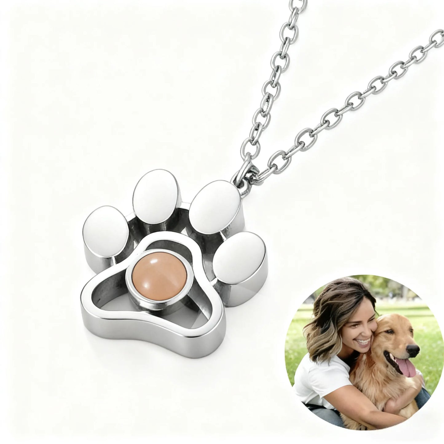 Silver stainless steel paw print projection necklace personalized with your pet photo, designed to celebrate every cherished memory together.