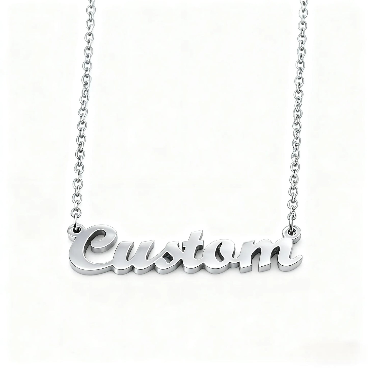 Personalized silver stainless steel pet name necklace made to celebrate the special bond between pets and their owners.