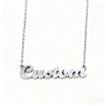 Personalized silver stainless steel pet name necklace made to celebrate the special bond between pets and their owners.